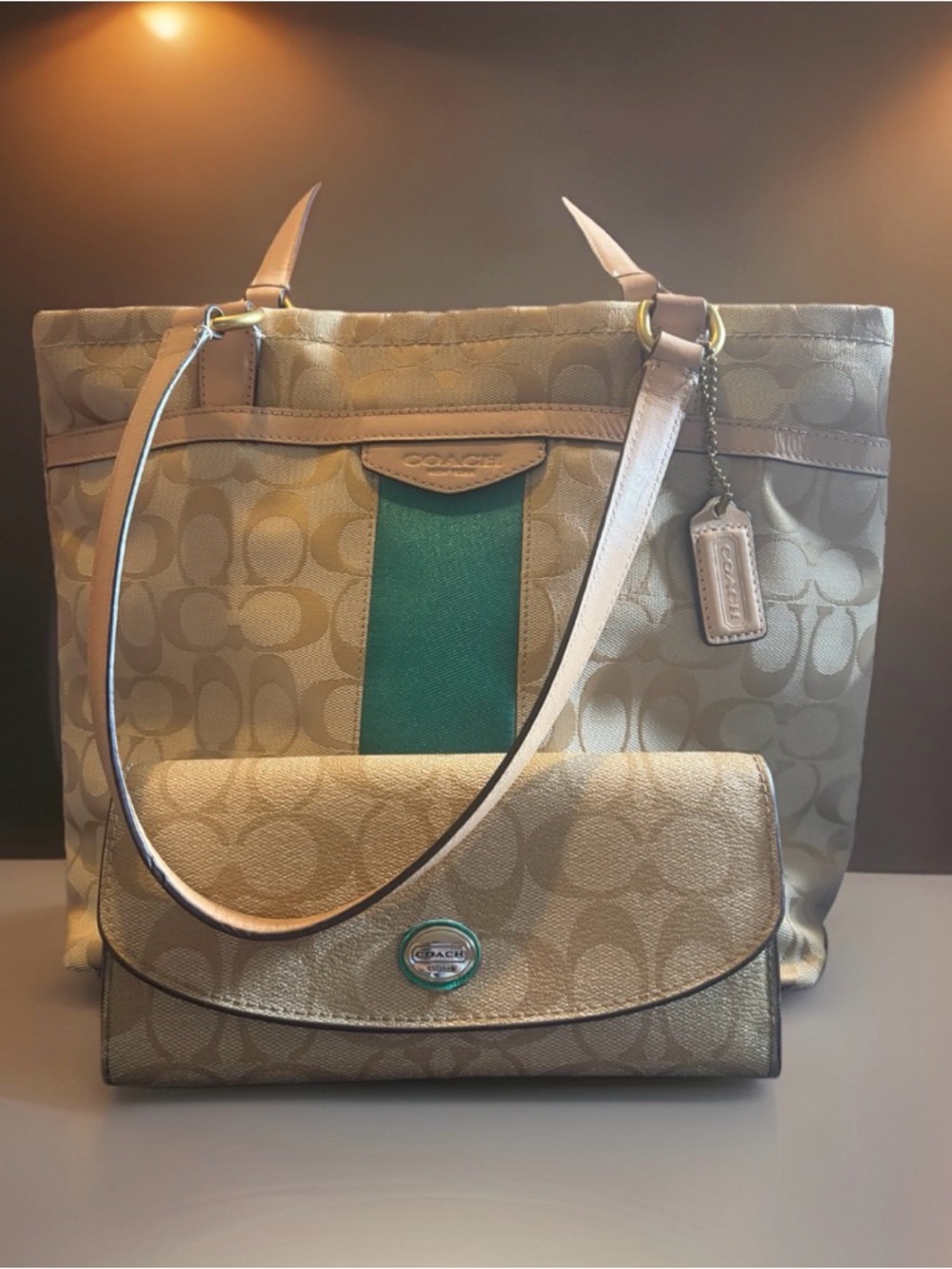 Coach Dempsey Beige Signature Green Stripe Tote Bag, F28504 and Matching Wallet